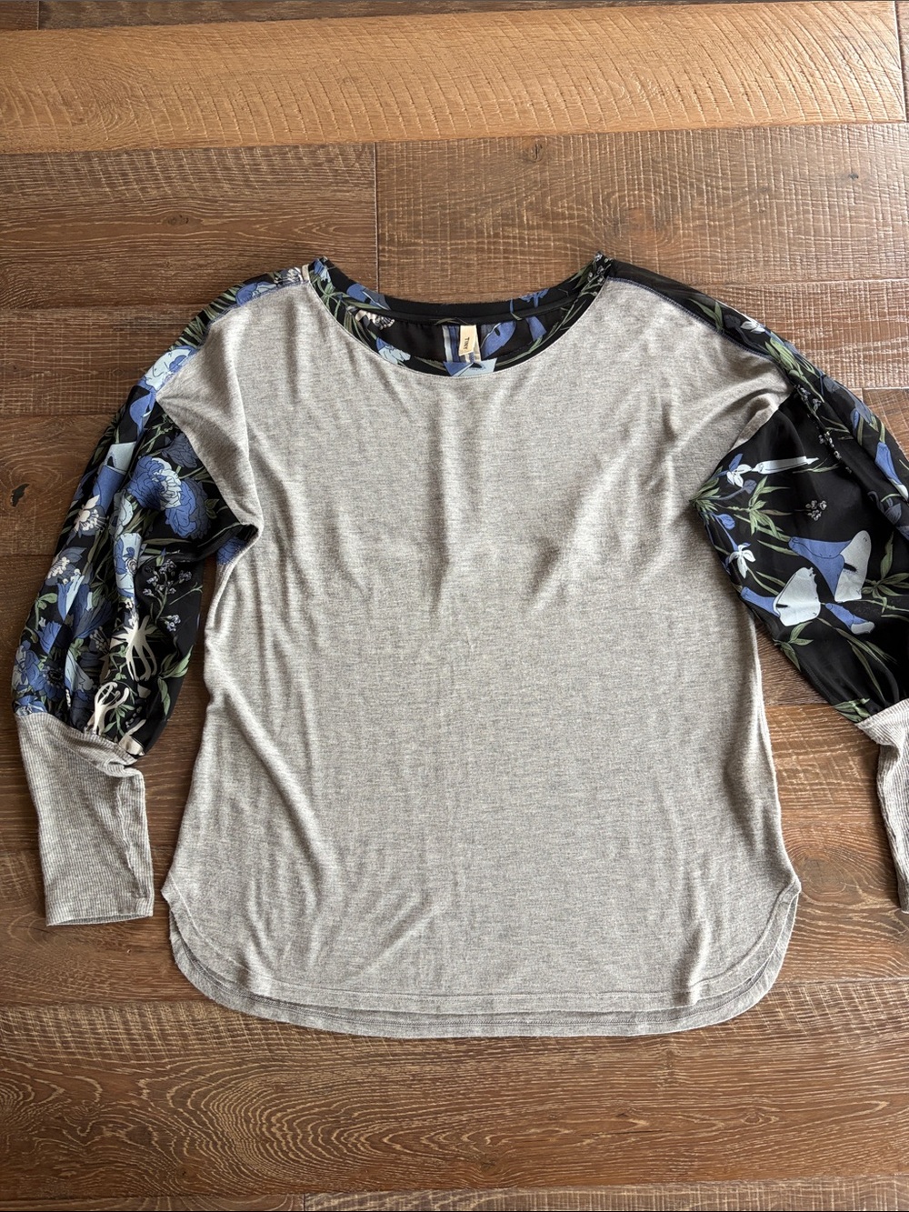 Light Gray Long-Sleeve Tee with Blue Floral Sheer Sleeves